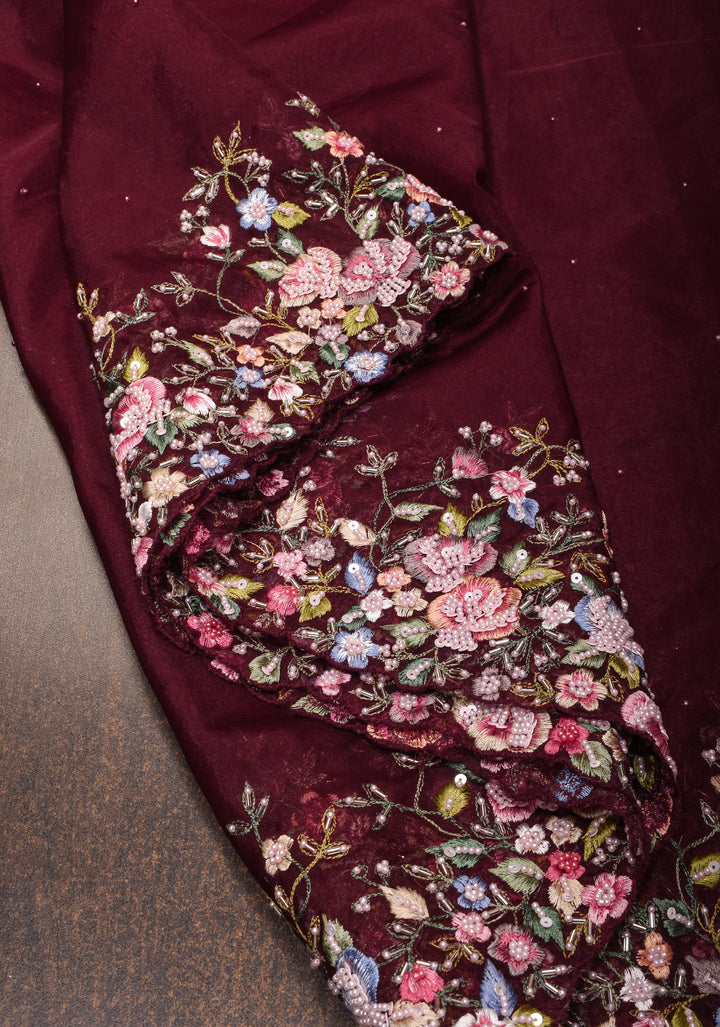 Maroon Pure Banarasi Organza Silk Saree with Floral Embroidery, Pearl work and scallop border | SILK MARK CERTIFIED