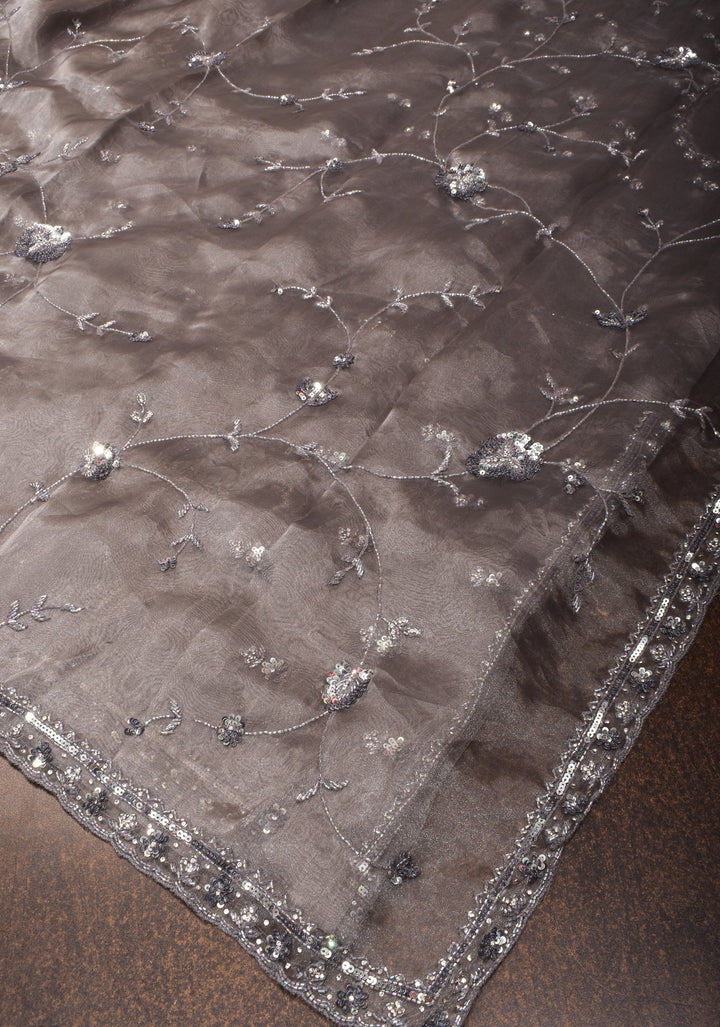 Gray Shimmering Crushed Organza Saree with Exquisite Moti and Sequin Embellishments