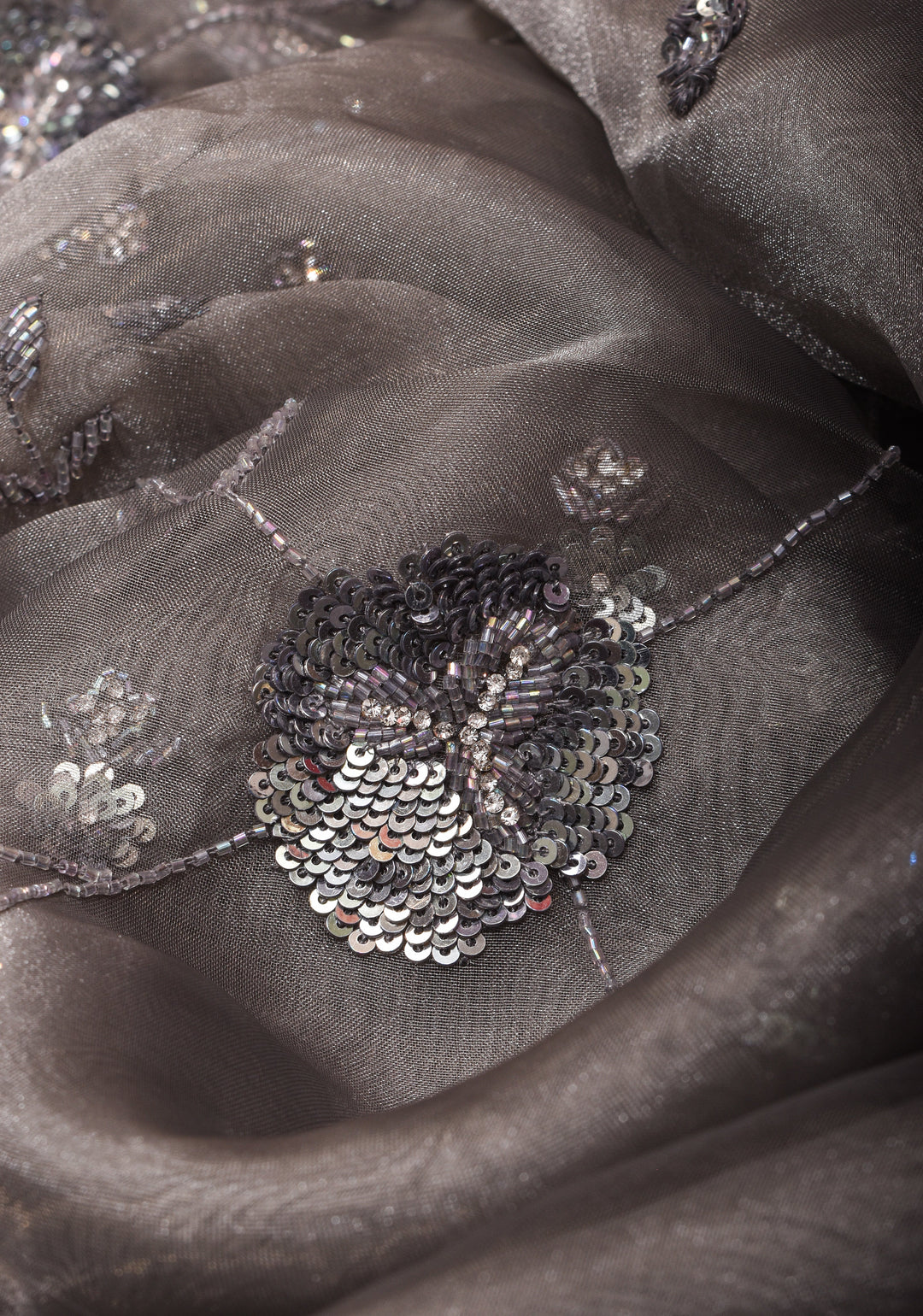 Gray Shimmering Crushed Organza Saree with Exquisite Moti and Sequin Embellishments
