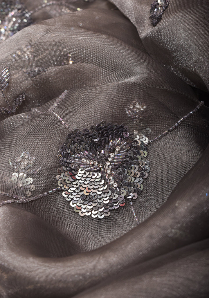Gray Shimmering Crushed Organza Saree with Exquisite Moti and Sequin Embellishments