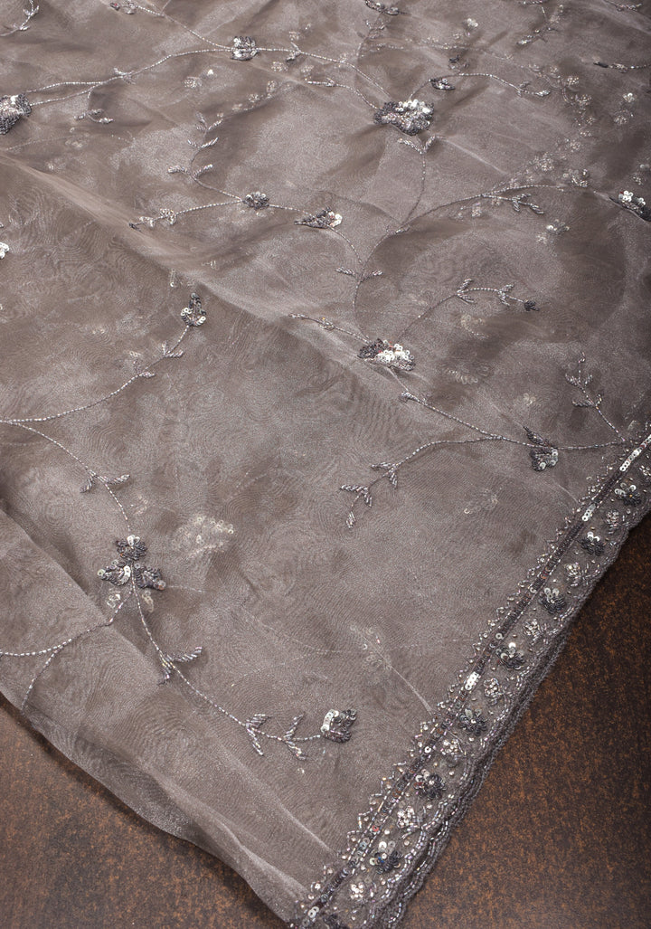 Gray Shimmering Crushed Organza Saree with Exquisite Moti and Sequin Embellishments