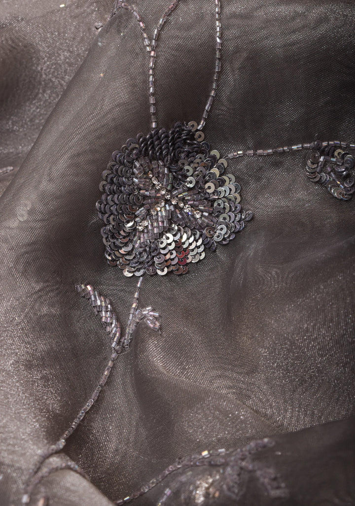 Gray Shimmering Crushed Organza Saree with Exquisite Moti and Sequin Embellishments