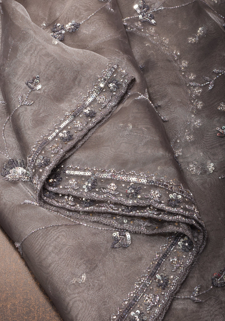 Gray Shimmering Crushed Organza Saree with Exquisite Moti and Sequin Embellishments