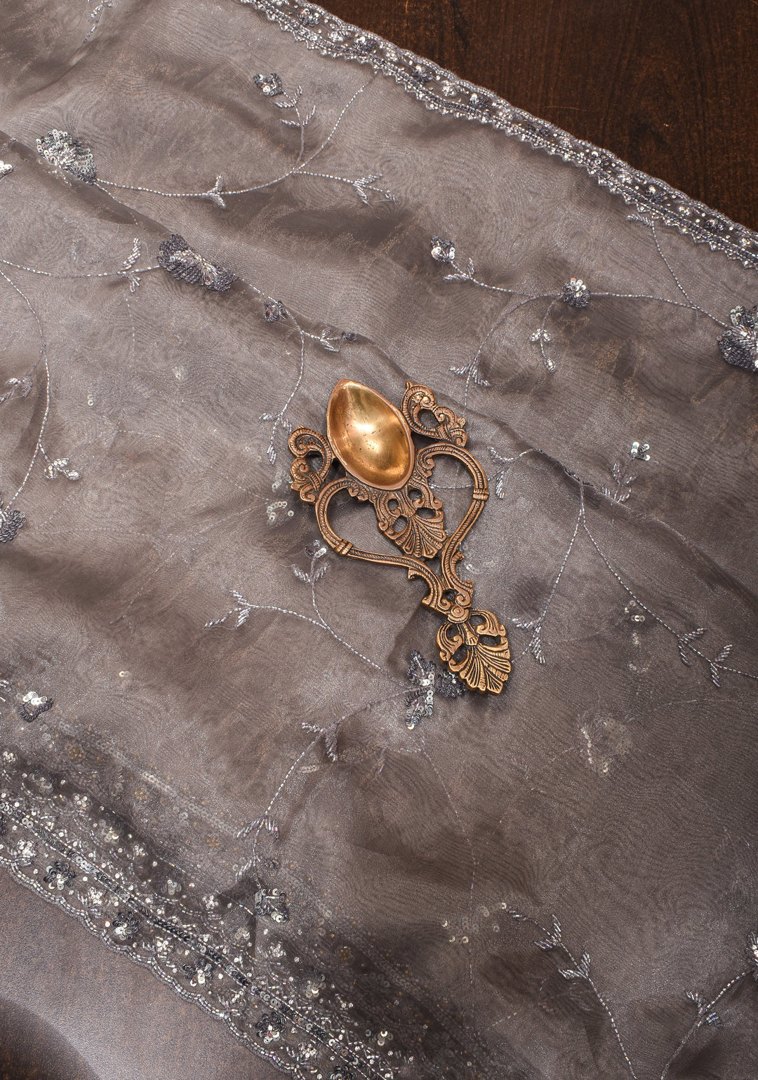 Gray Shimmering Crushed Organza Saree with Exquisite Moti and Sequin Embellishments