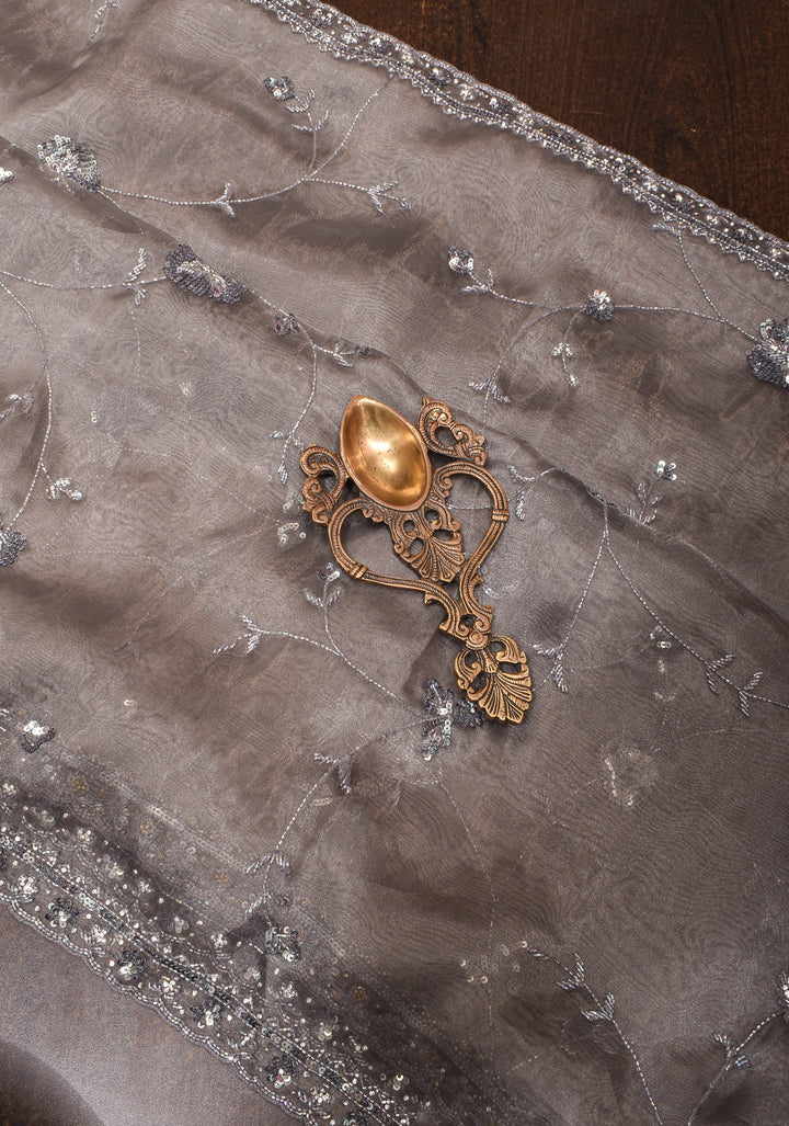 Gray Shimmering Crushed Organza Saree with Exquisite Moti and Sequin Embellishments