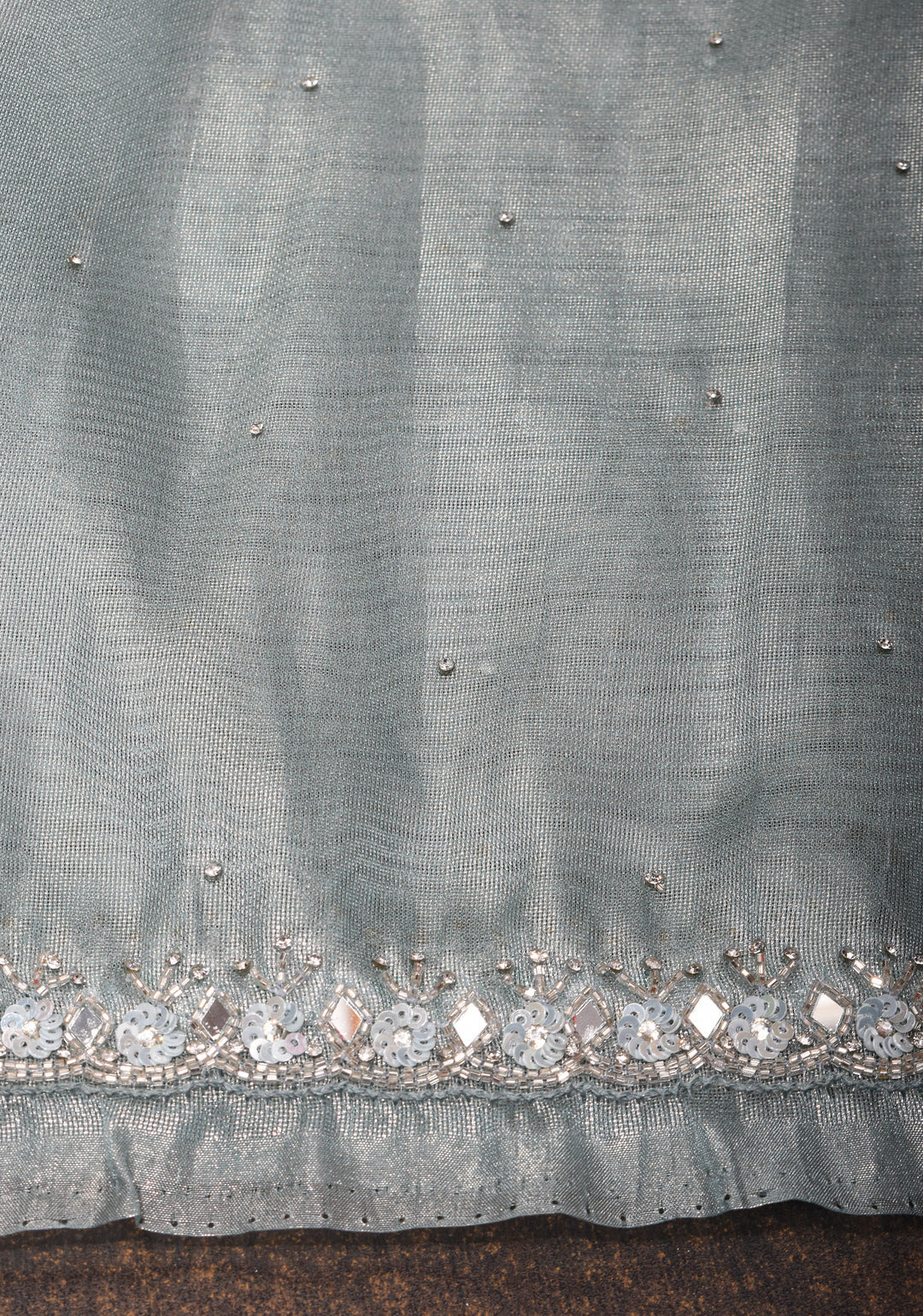 Powder Blue Tissue Saree with sequins, cutdana, mirror work and scalloped Borders
