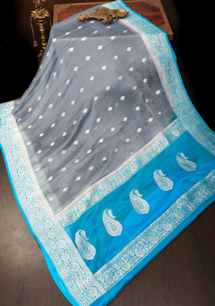 Gray Chiffon Silk Saree with Zari Buttas and Contrast Blue Border | SILK MARK CERTIFIED