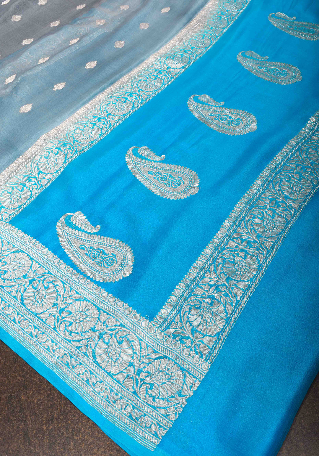 Gray Chiffon Silk Saree with Zari Buttas and Contrast Blue Border | SILK MARK CERTIFIED