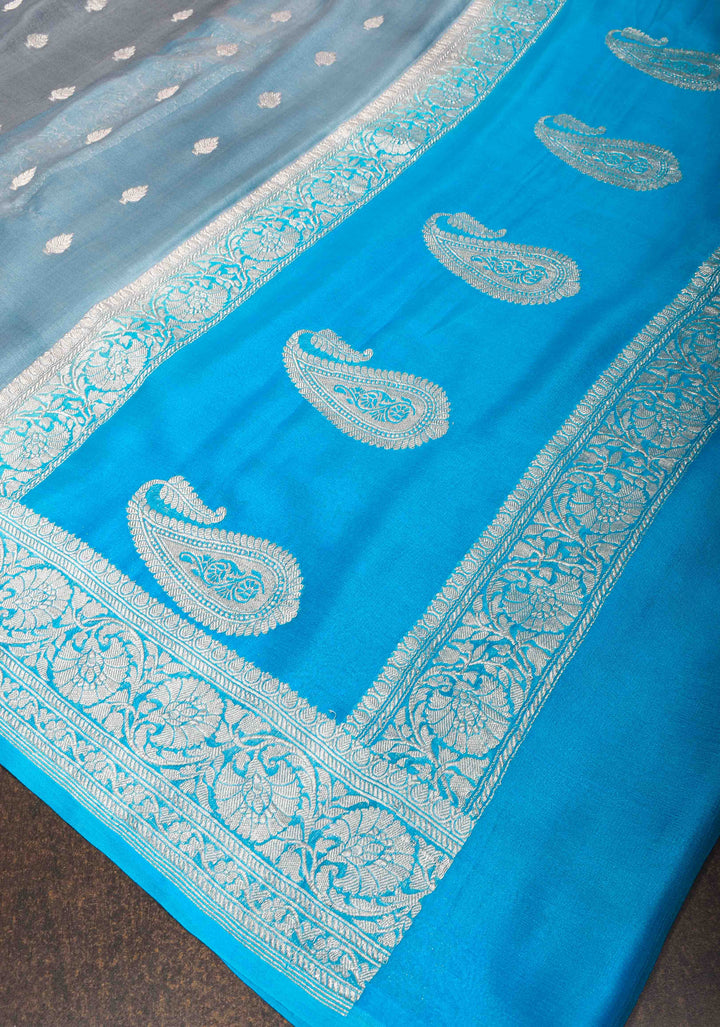Gray Chiffon Silk Saree with Zari Buttas and Contrast Blue Border | SILK MARK CERTIFIED