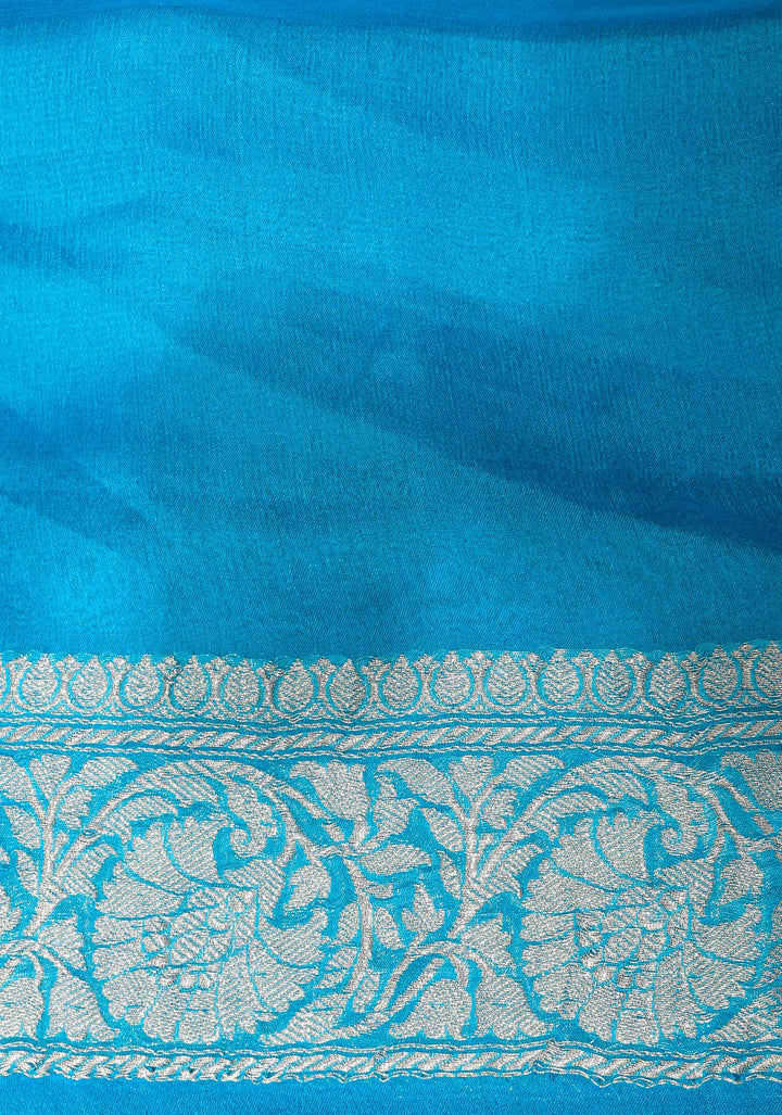 Gray Chiffon Silk Saree with Zari Buttas and Contrast Blue Border | SILK MARK CERTIFIED