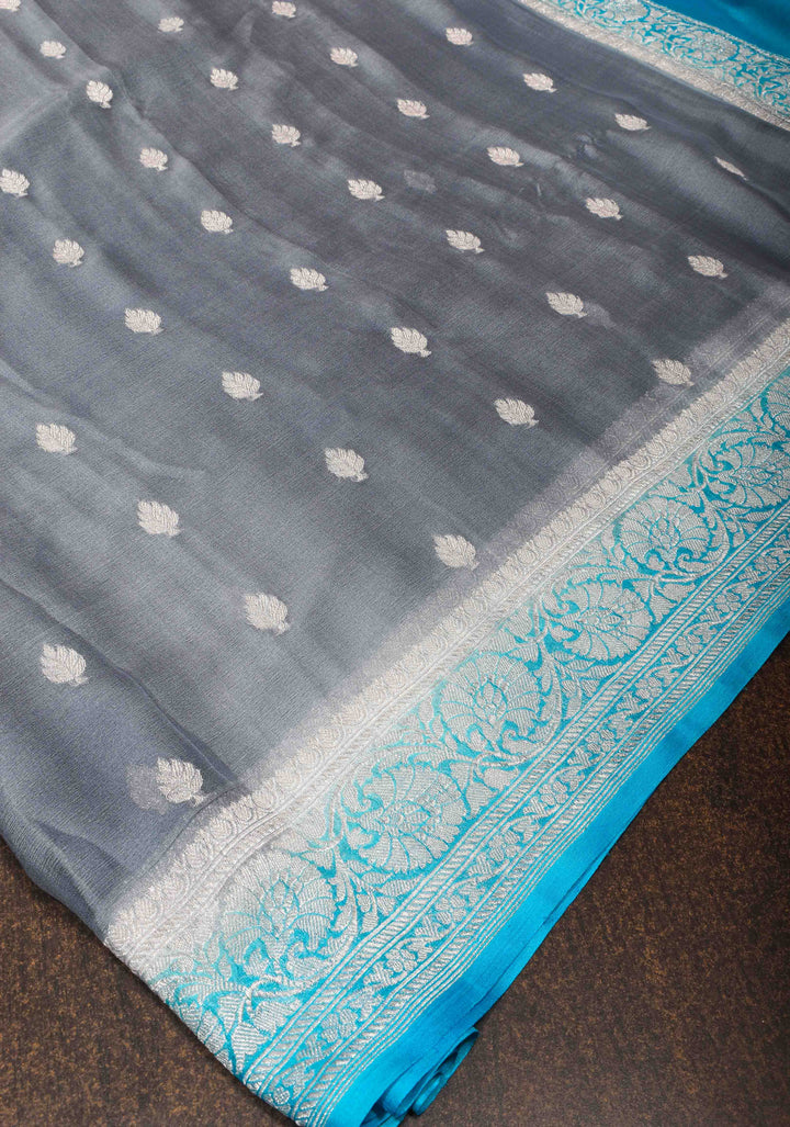 Gray Chiffon Silk Saree with Zari Buttas and Contrast Blue Border | SILK MARK CERTIFIED