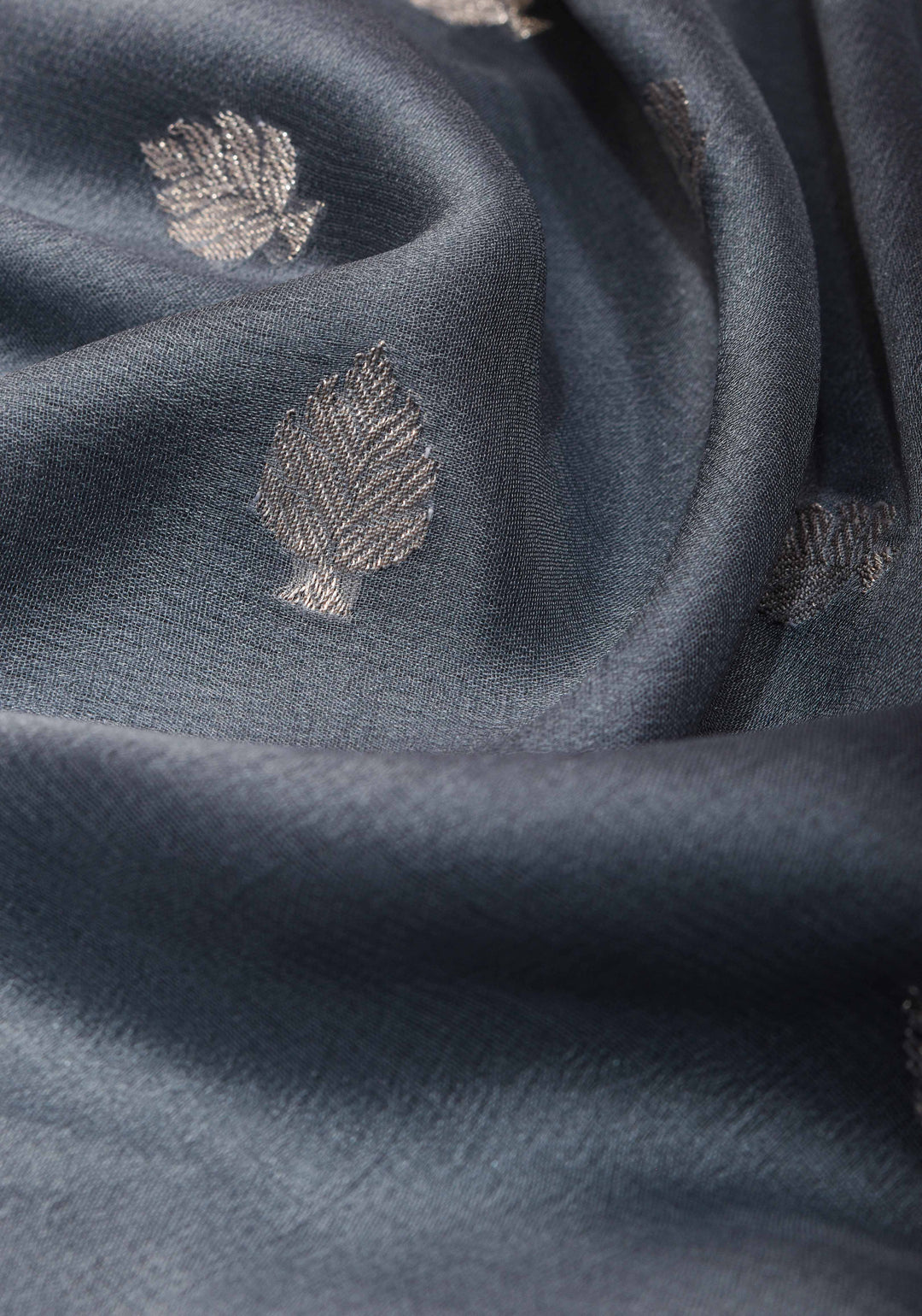 Gray Chiffon Silk Saree with Zari Buttas and Contrast Blue Border | SILK MARK CERTIFIED