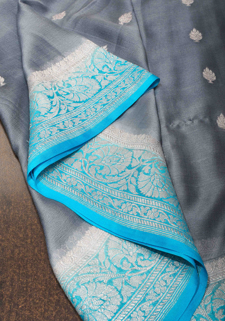 Gray Chiffon Silk Saree with Zari Buttas and Contrast Blue Border | SILK MARK CERTIFIED