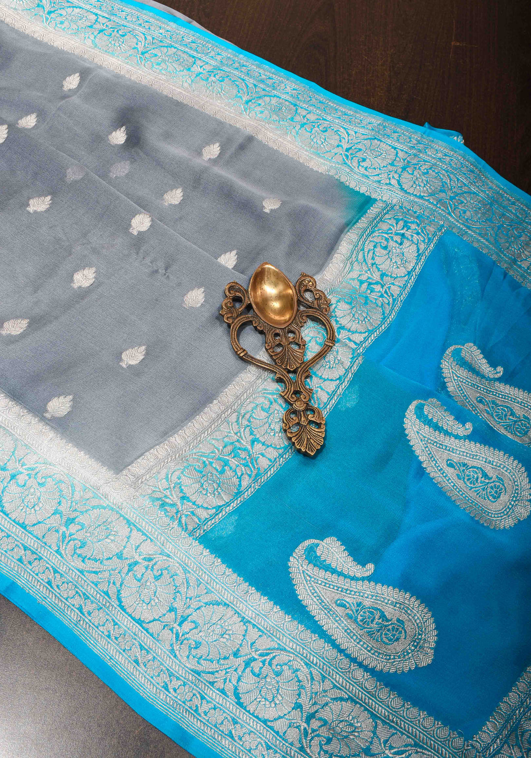 Gray Chiffon Silk Saree with Zari Buttas and Contrast Blue Border | SILK MARK CERTIFIED