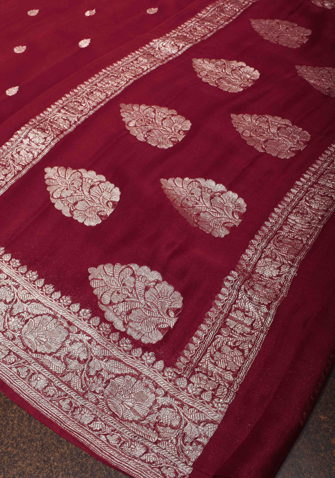 Maroon Chiffon Silk Saree with Zari Buttas and Border | SILK MARK CERTIFIED