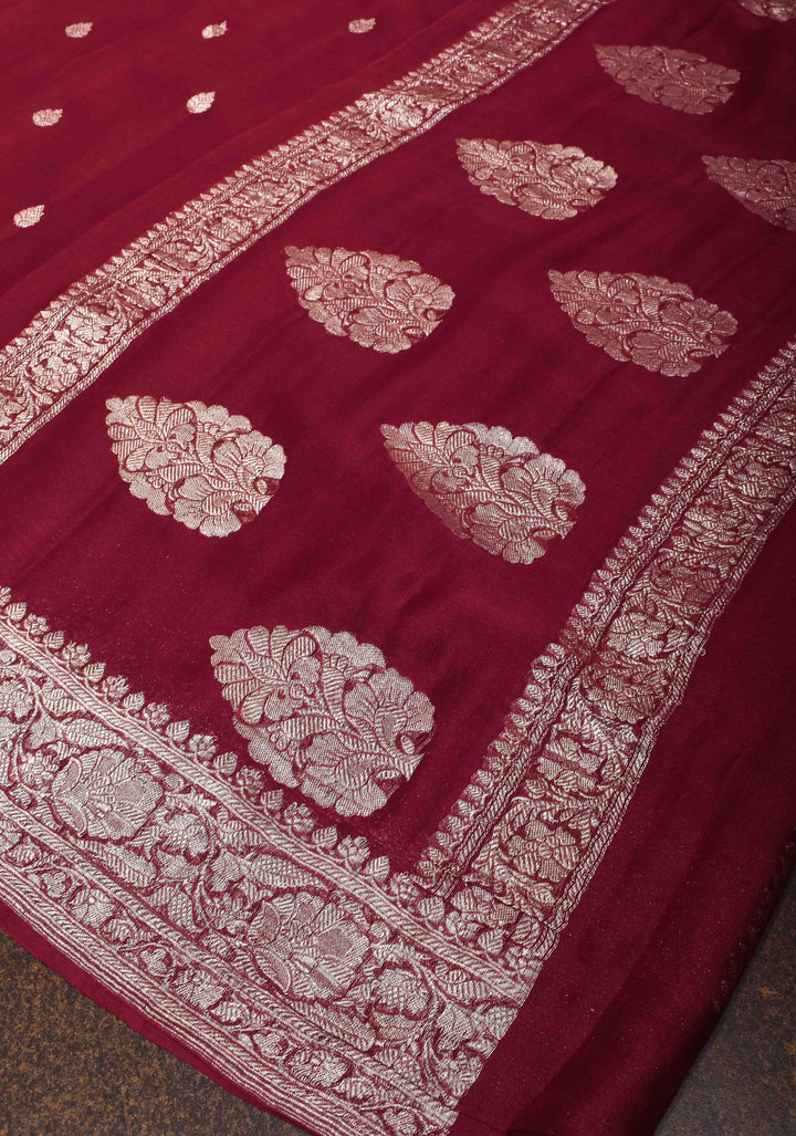 Maroon Chiffon Silk Saree with Zari Buttas and Border | SILK MARK CERTIFIED
