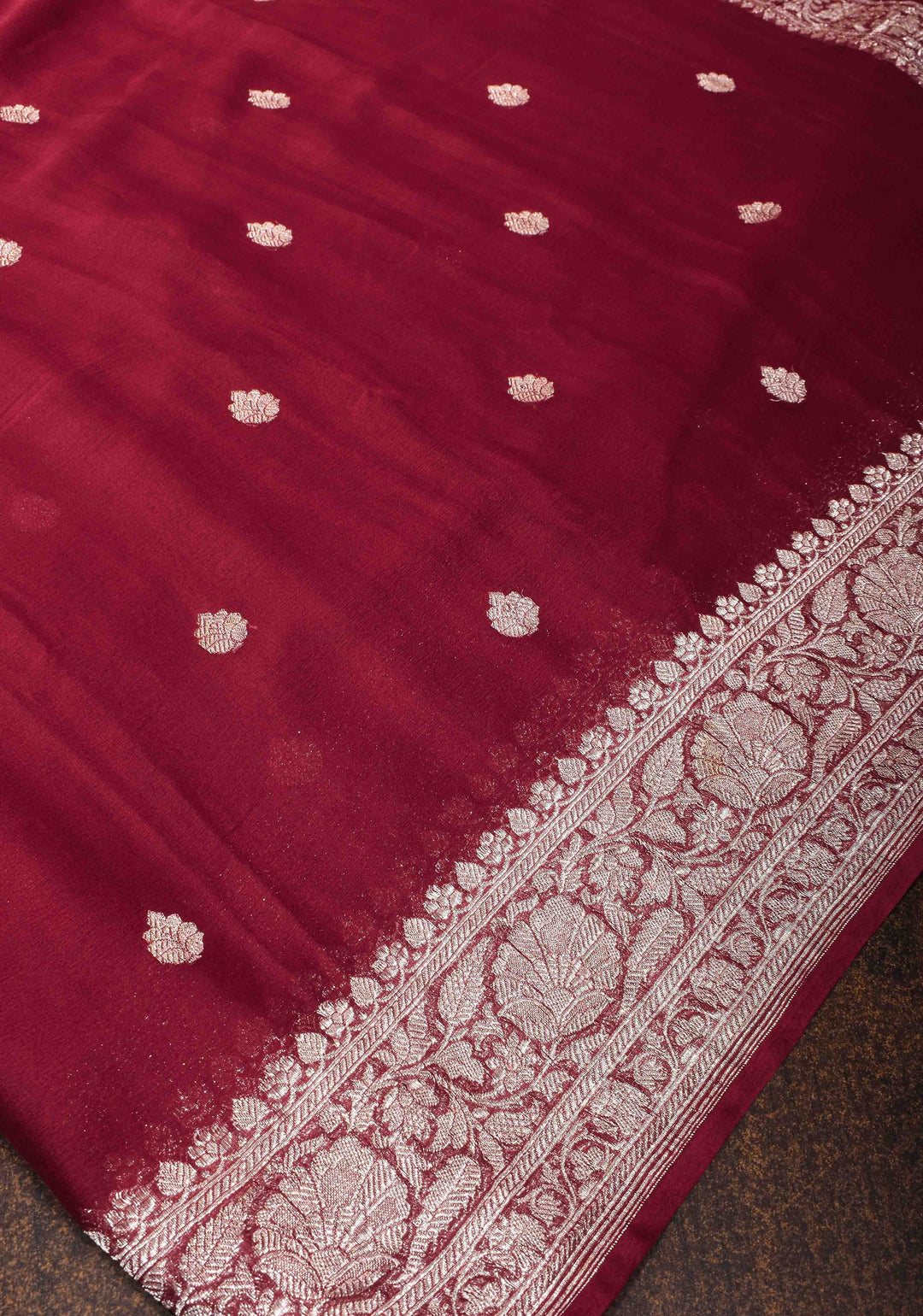 Maroon Chiffon Silk Saree with Zari Buttas and Border | SILK MARK CERTIFIED