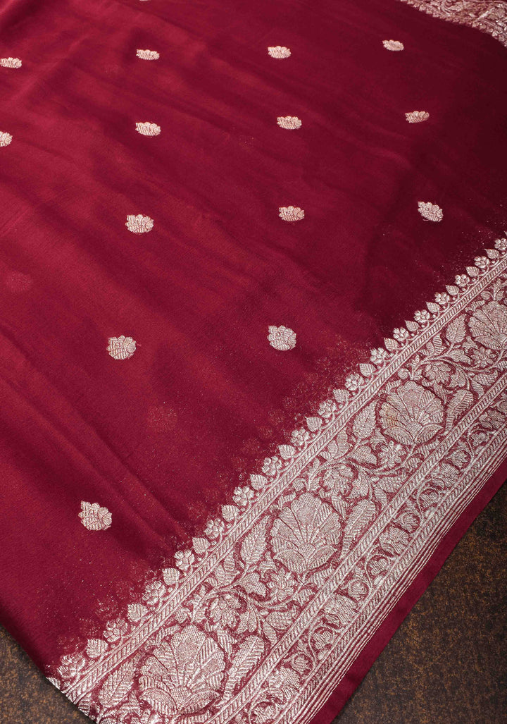 Maroon Chiffon Silk Saree with Zari Buttas and Border | SILK MARK CERTIFIED