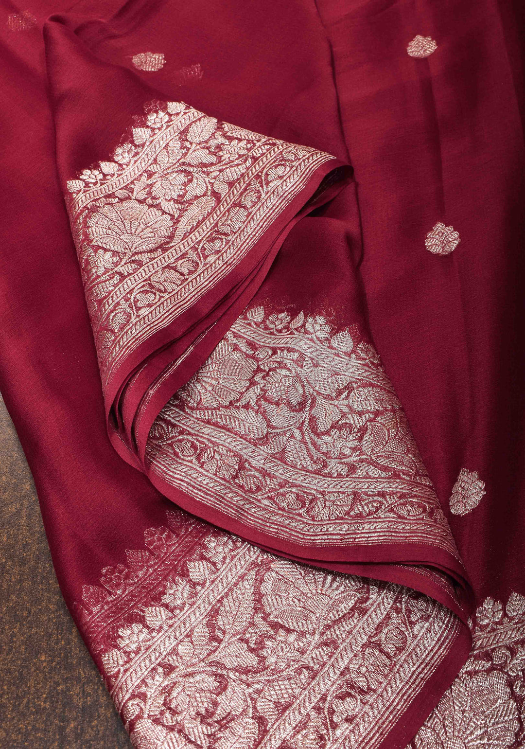 Maroon Chiffon Silk Saree with Zari Buttas and Border | SILK MARK CERTIFIED