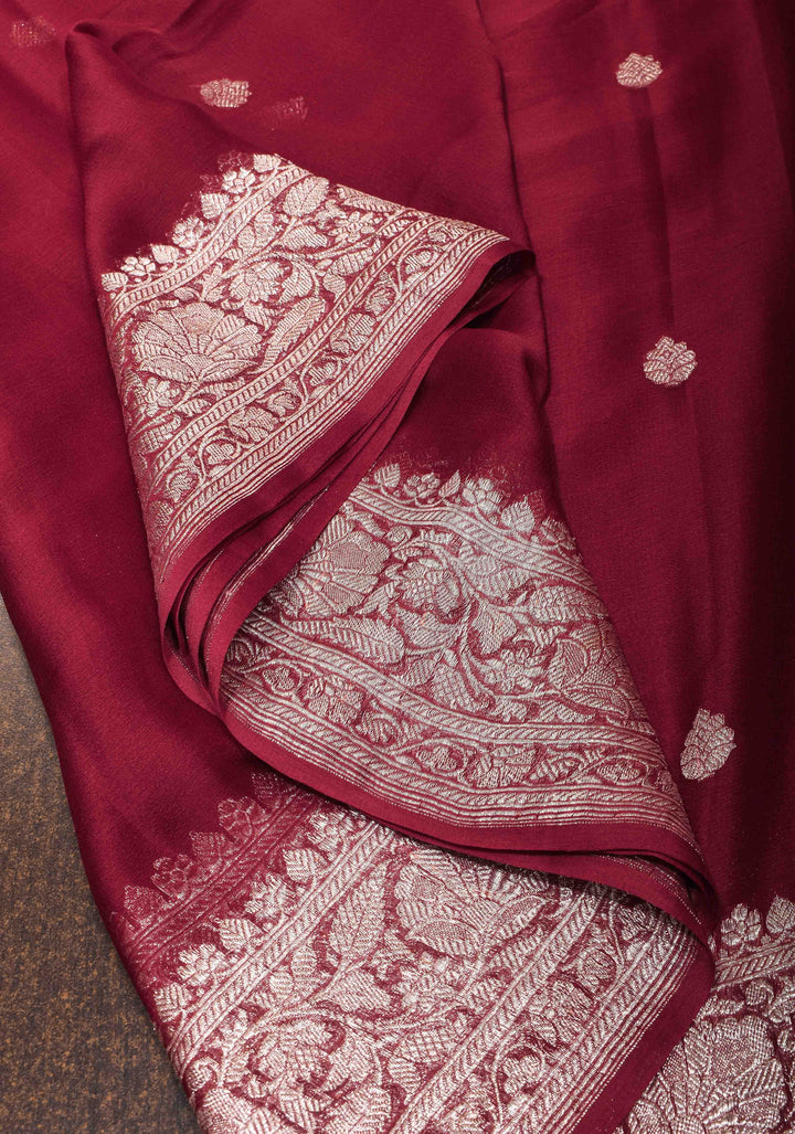 Maroon Chiffon Silk Saree with Zari Buttas and Border | SILK MARK CERTIFIED