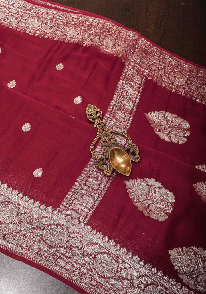 Maroon Chiffon Silk Saree with Zari Buttas and Border | SILK MARK CERTIFIED