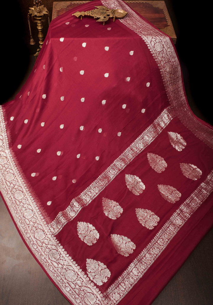 Maroon Chiffon Silk Saree with Zari Buttas and Border | SILK MARK CERTIFIED