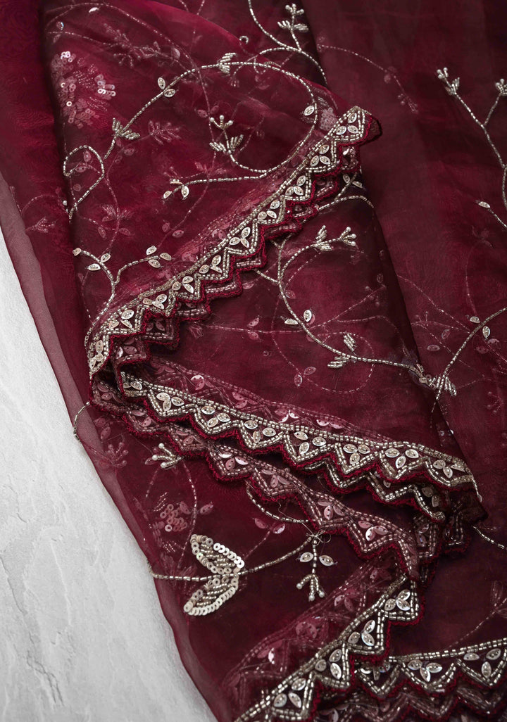 Wine Organza Saree with sequins, cutdana, Moti work Embroidery and Scallop Border