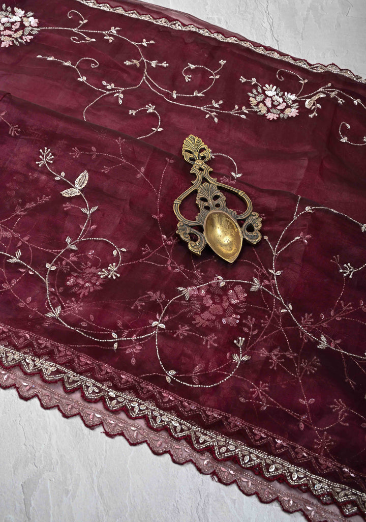 Wine Organza Saree with sequins, cutdana, Moti work Embroidery and Scallop Border