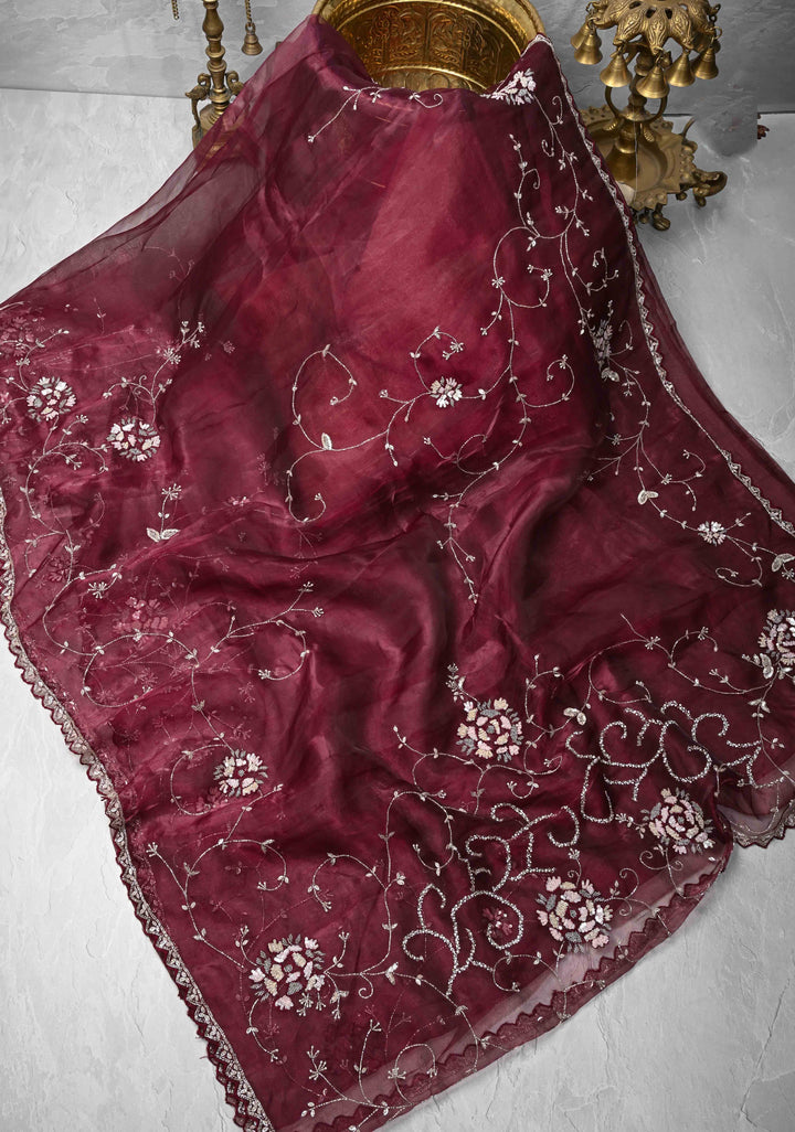 Wine Organza Saree with sequins, cutdana, Moti work Embroidery and Scallop Border