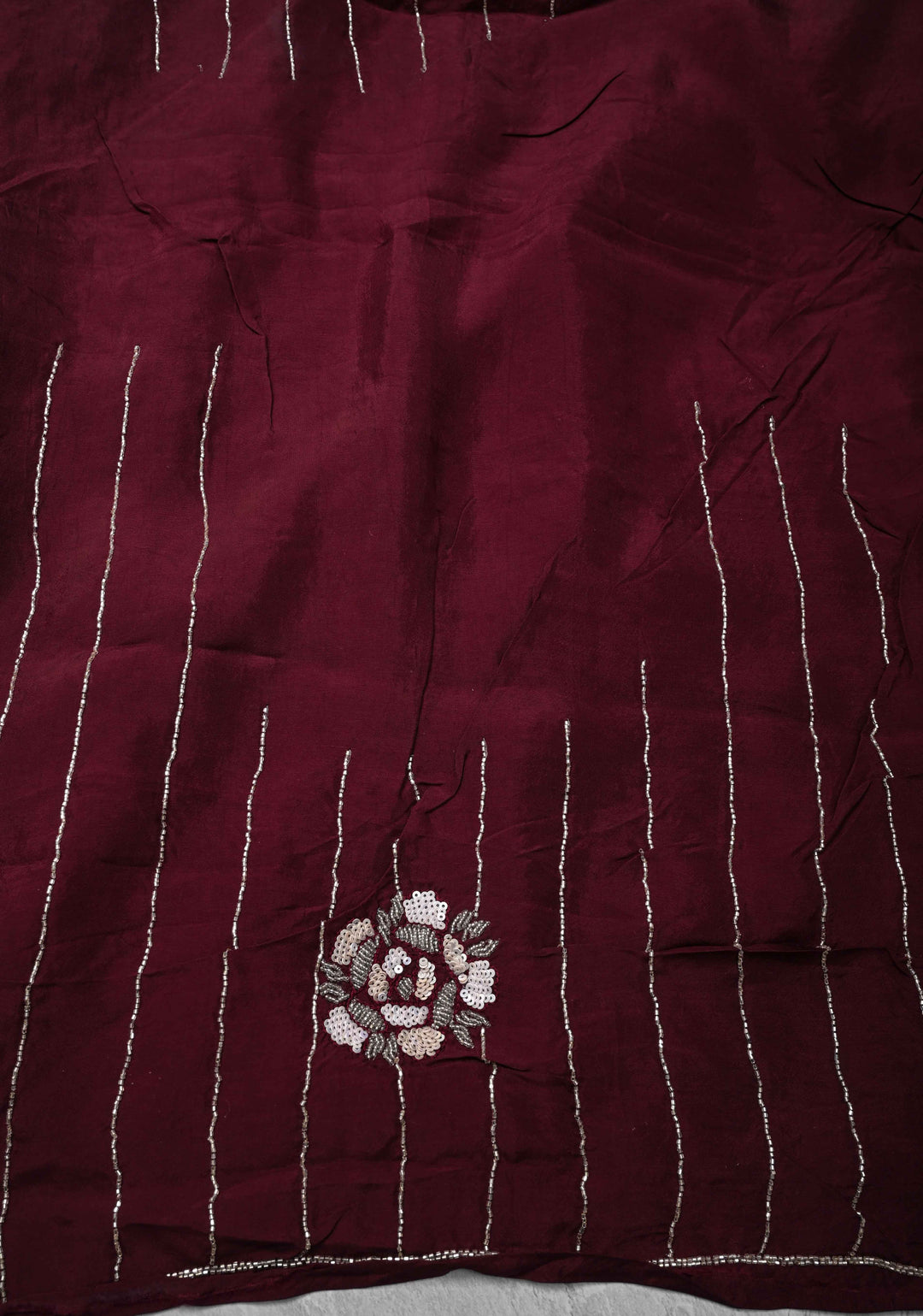 Wine Organza Saree with sequins, cutdana, Moti work Embroidery and Scallop Border