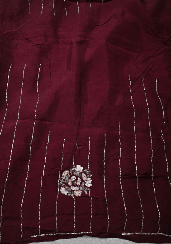 Wine Organza Saree with sequins, cutdana, Moti work Embroidery and Scallop Border