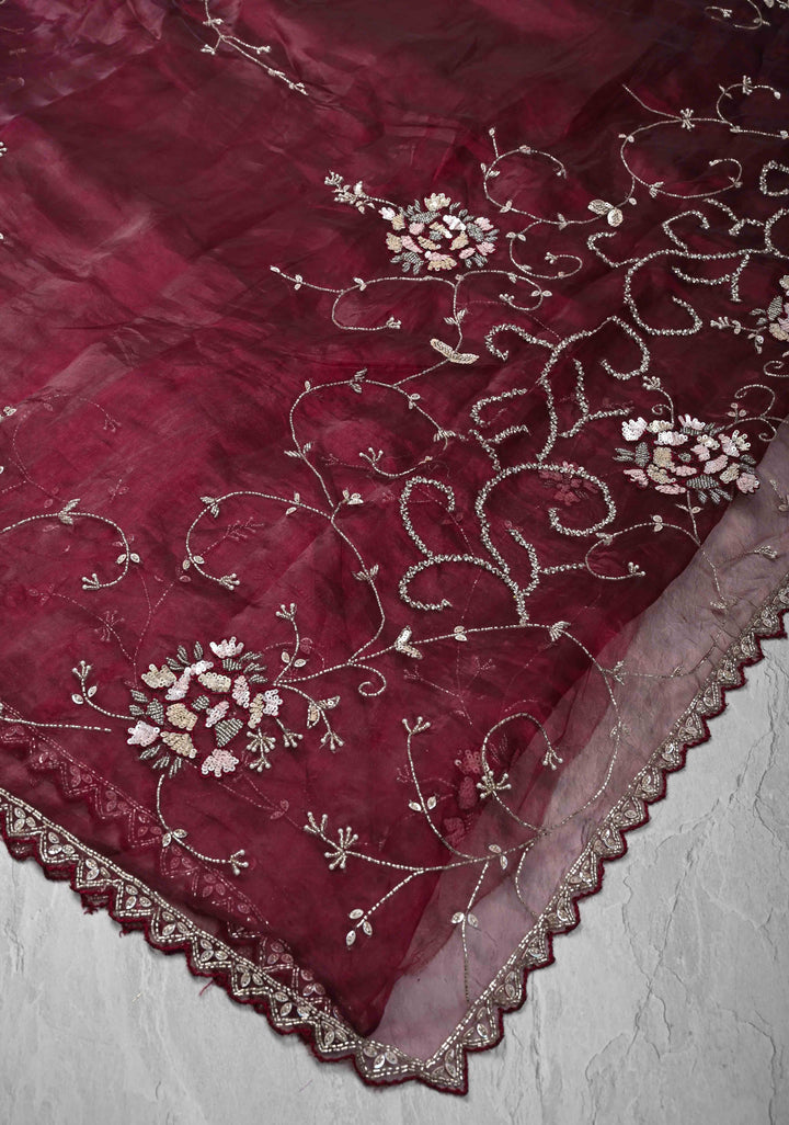 Wine Organza Saree with sequins, cutdana, Moti work Embroidery and Scallop Border
