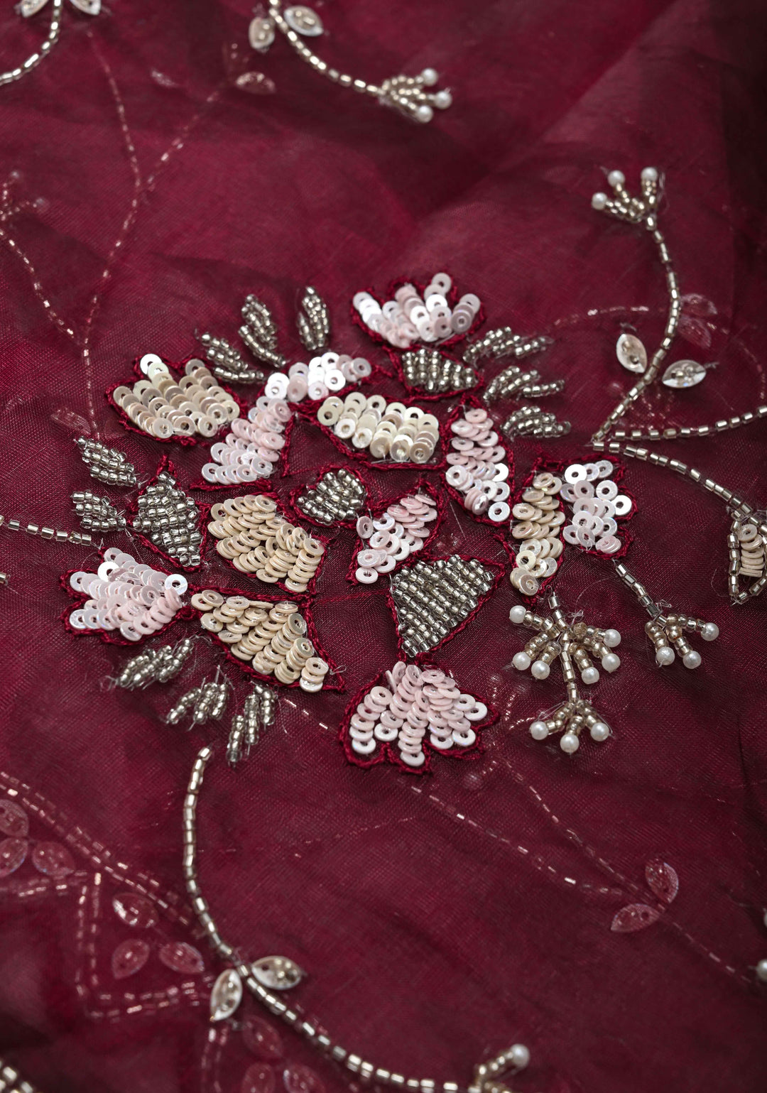 Wine Organza Saree with sequins, cutdana, Moti work Embroidery and Scallop Border