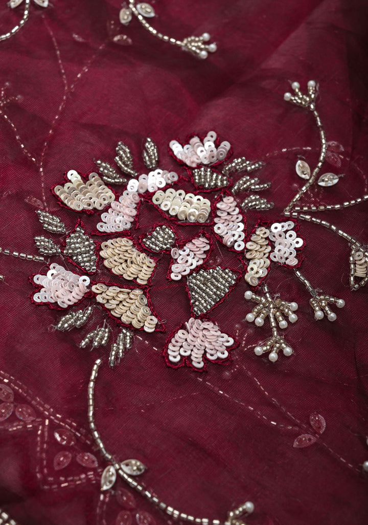 Wine Organza Saree with sequins, cutdana, Moti work Embroidery and Scallop Border