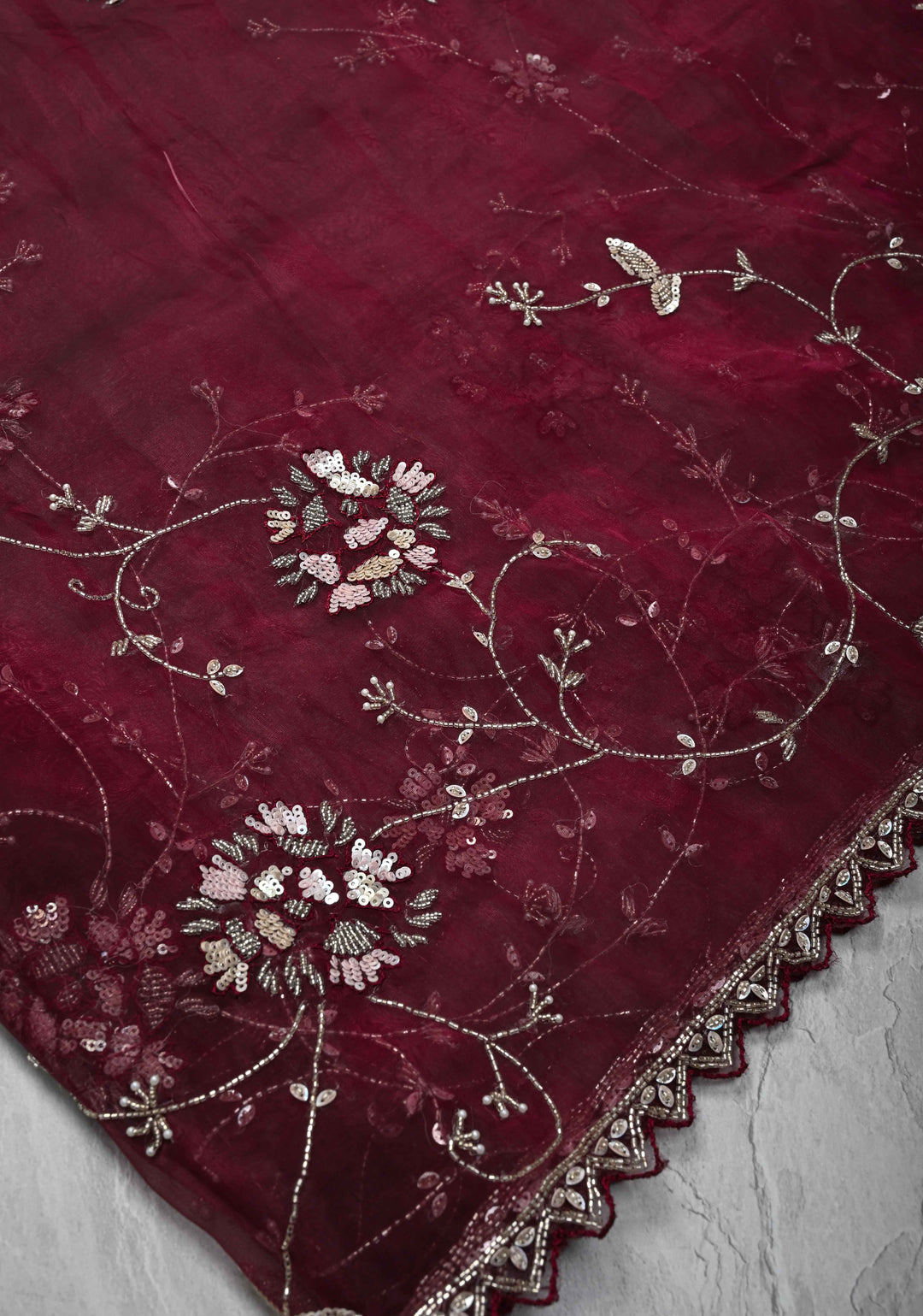 Wine Organza Saree with sequins, cutdana, Moti work Embroidery and Scallop Border