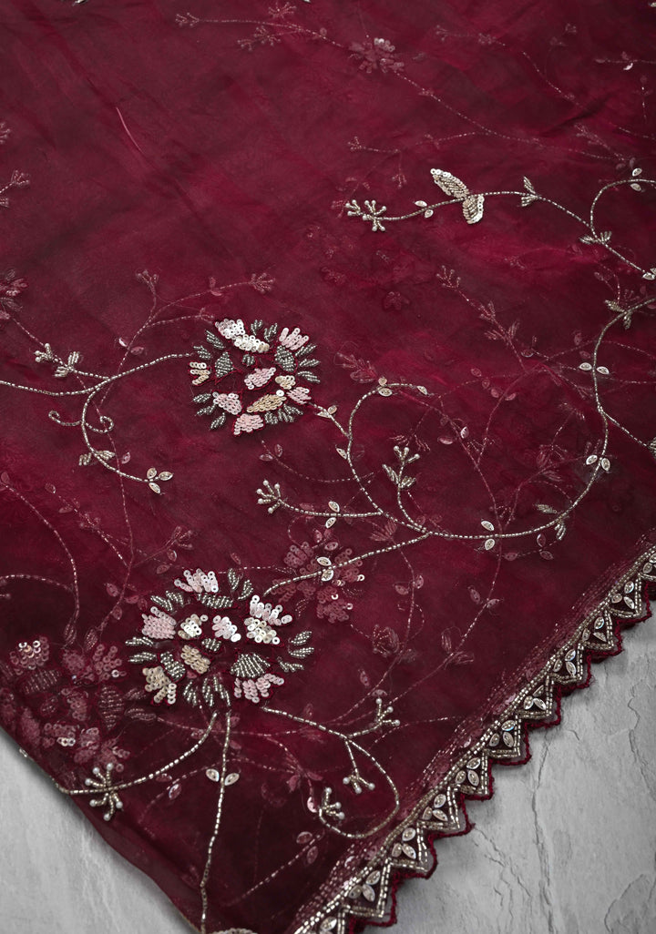 Wine Organza Saree with sequins, cutdana, Moti work Embroidery and Scallop Border