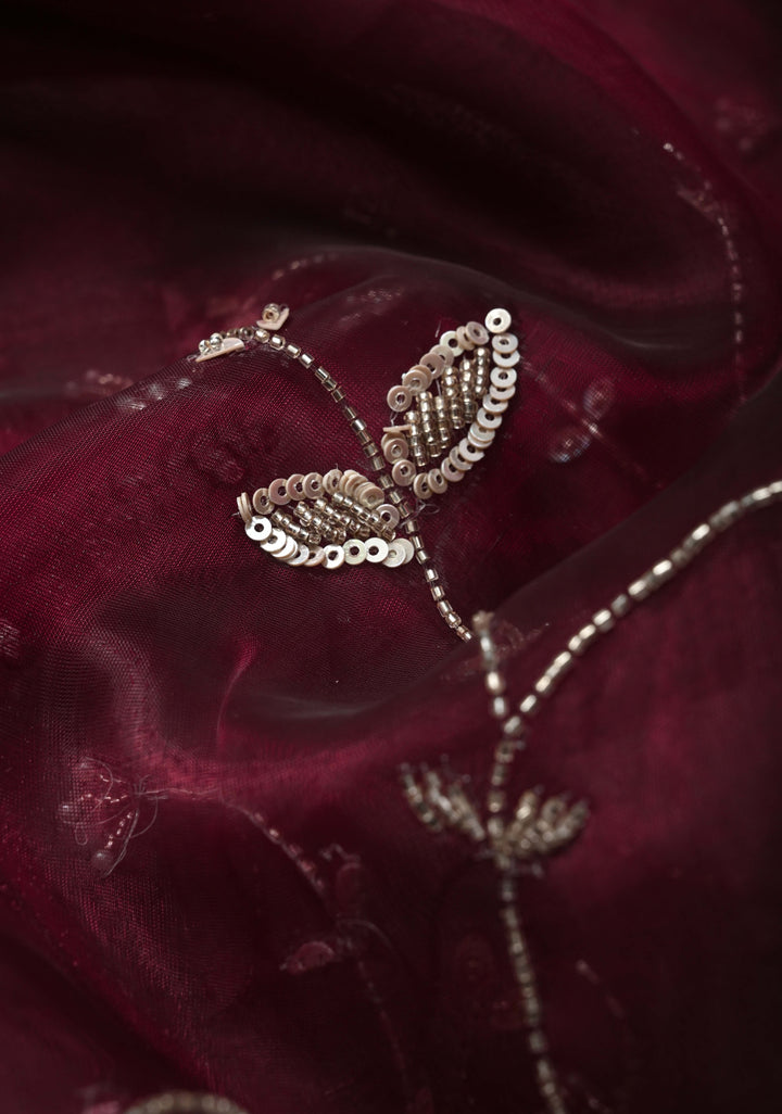 Wine Organza Saree with sequins, cutdana, Moti work Embroidery and Scallop Border