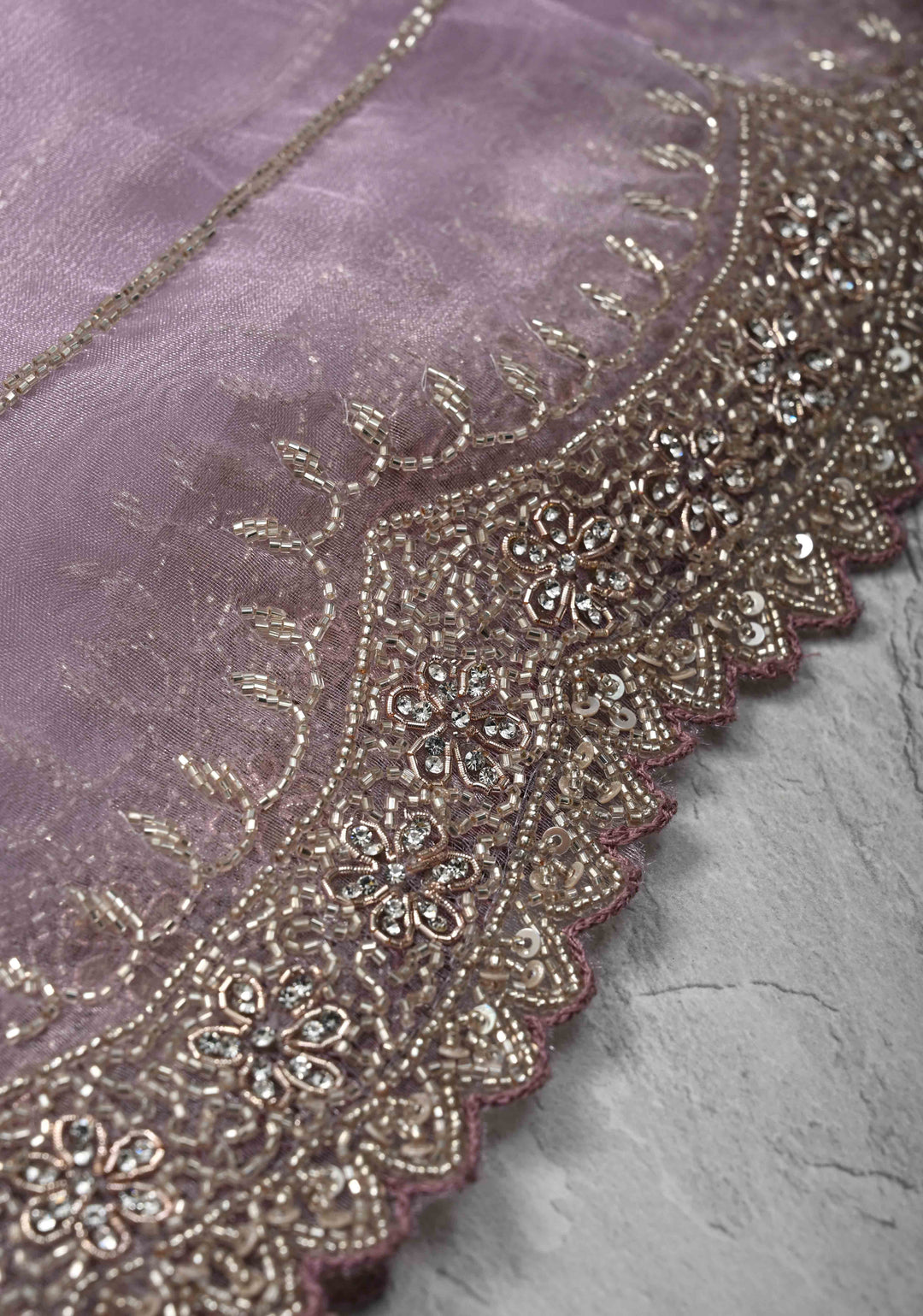 Lilac Shimmering Organza Saree with Cutdana, Sequins, stone Embellishments and Scallop Border