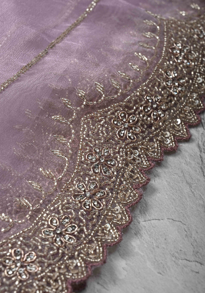 Lilac Shimmering Organza Saree with Cutdana, Sequins, stone Embellishments and Scallop Border
