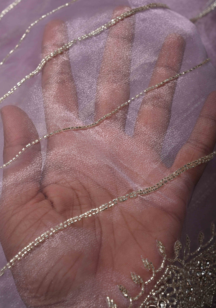 Lilac Shimmering Organza Saree with Cutdana, Sequins, stone Embellishments and Scallop Border