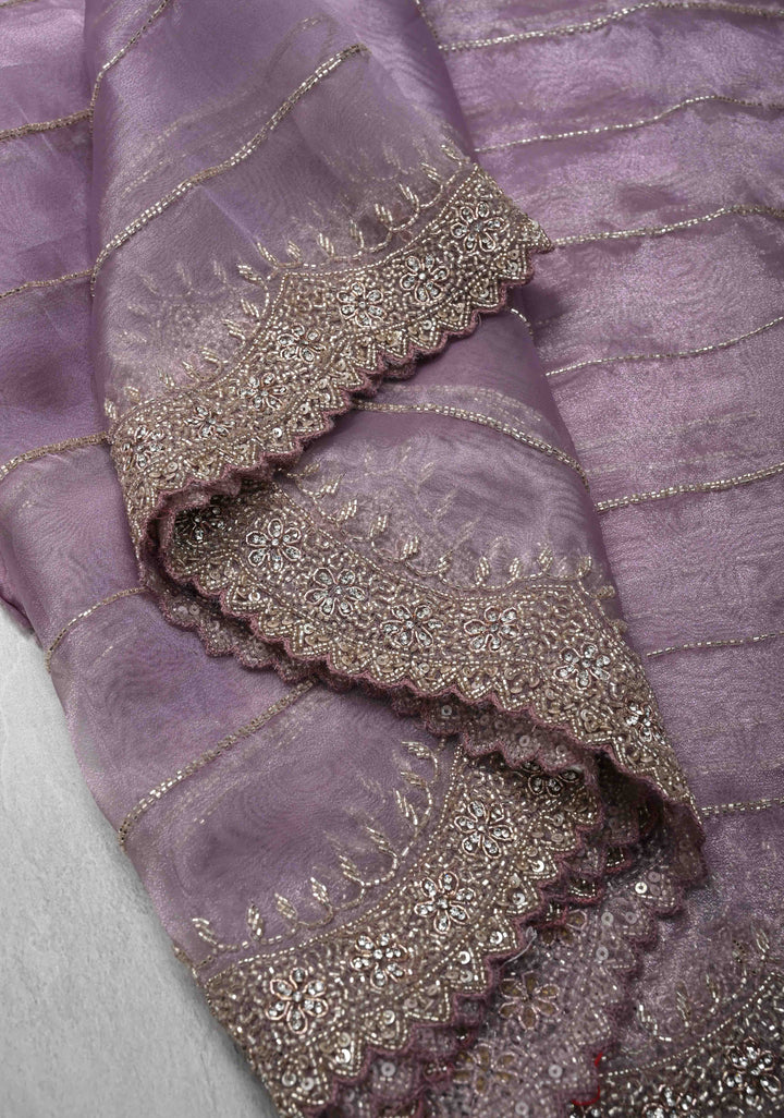 Lilac Shimmering Organza Saree with Cutdana, Sequins, stone Embellishments and Scallop Border