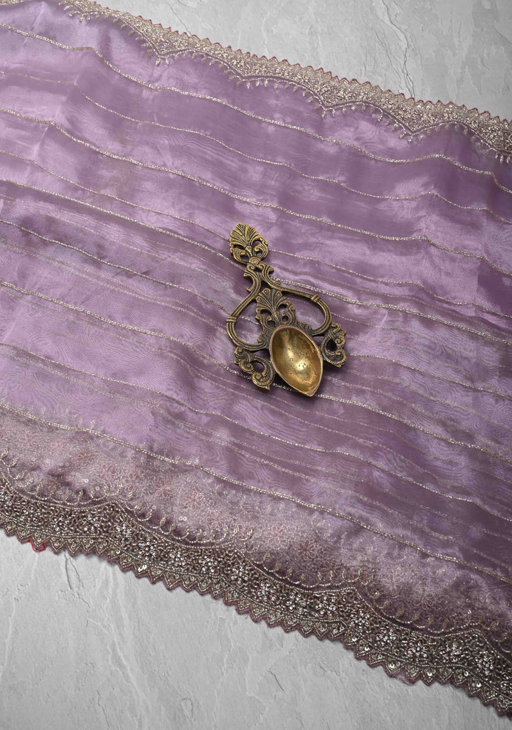 Lilac Shimmering Organza Saree with Cutdana, Sequins, stone Embellishments and Scallop Border