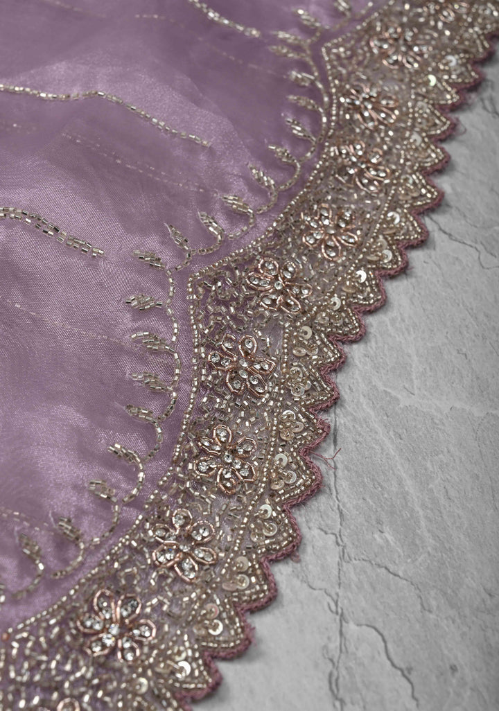 Lilac Shimmering Organza Saree with Cutdana, Sequins, stone Embellishments and Scallop Border