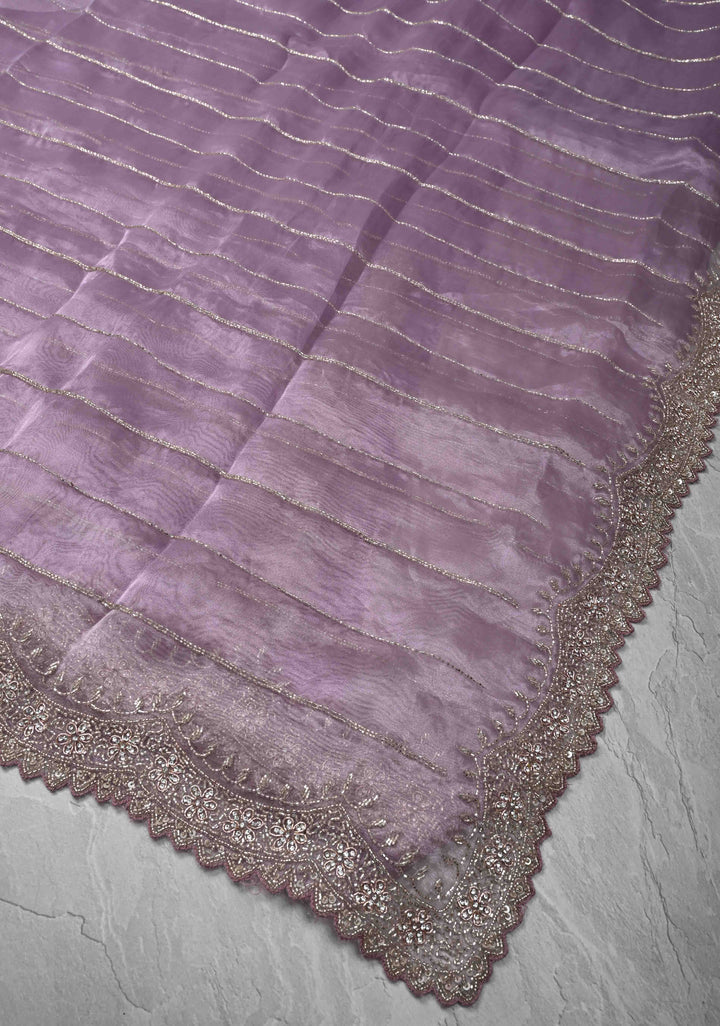 Lilac Shimmering Organza Saree with Cutdana, Sequins, stone Embellishments and Scallop Border
