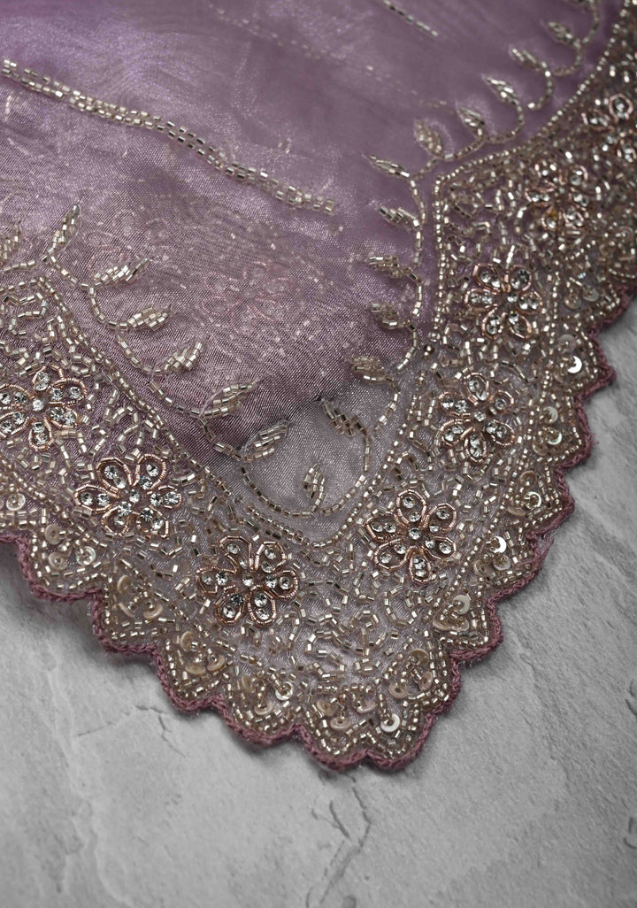 Lilac Shimmering Organza Saree with Cutdana, Sequins, stone Embellishments and Scallop Border