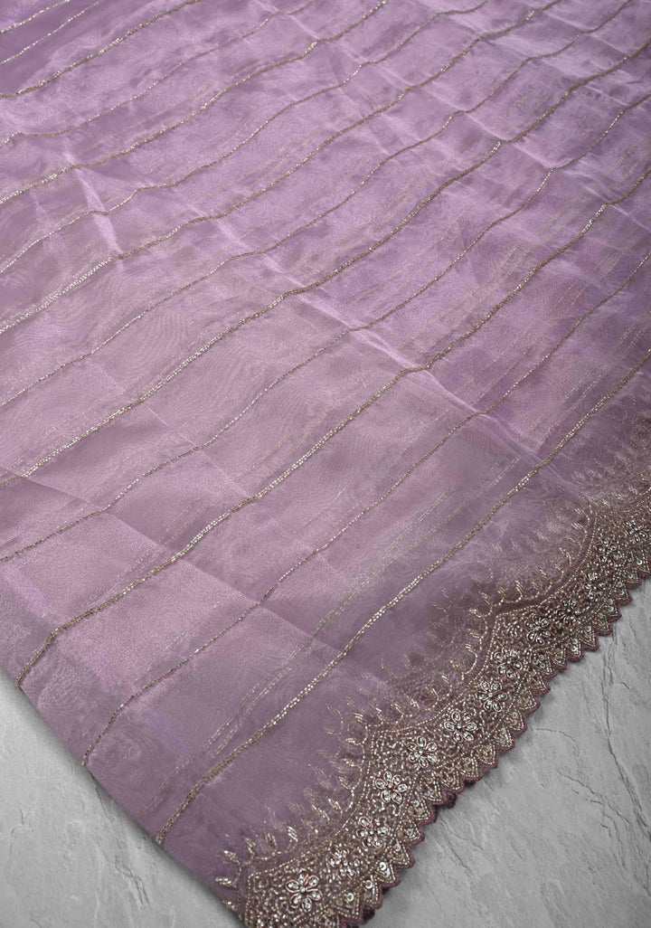 Lilac Shimmering Organza Saree with Cutdana, Sequins, stone Embellishments and Scallop Border