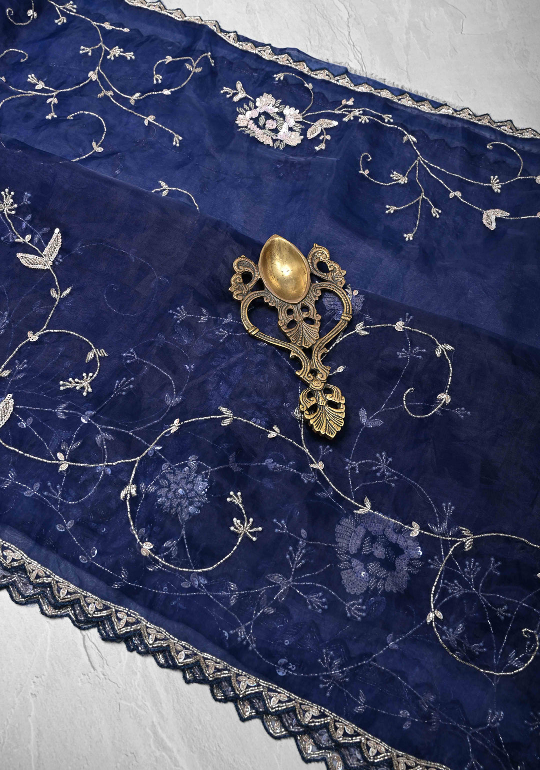 Navy Blue Organza Saree with sequins, cutdana, Moti work Machine Embroidery and Scallop Border