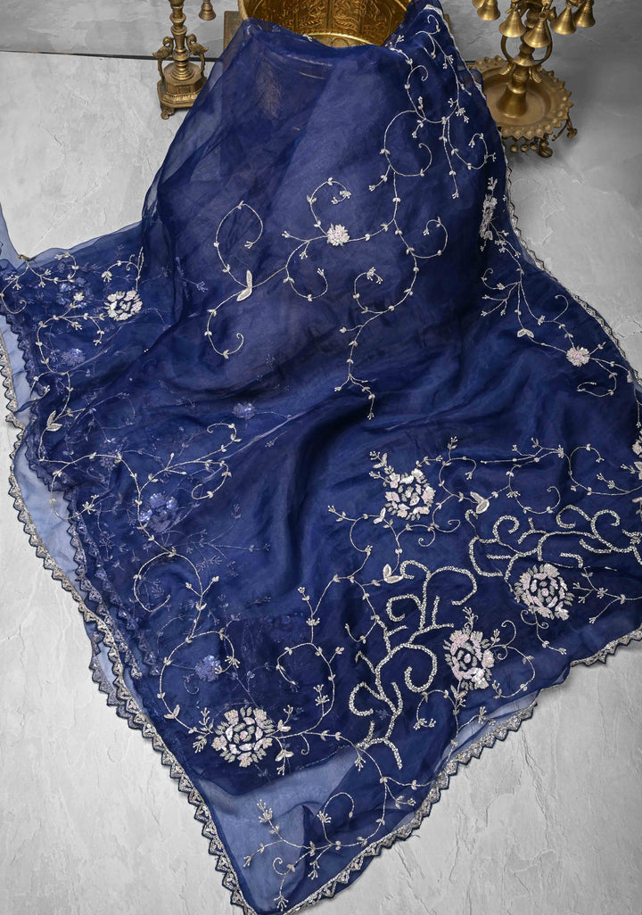 Navy Blue Organza Saree with sequins, cutdana, Moti work Machine Embroidery and Scallop Border