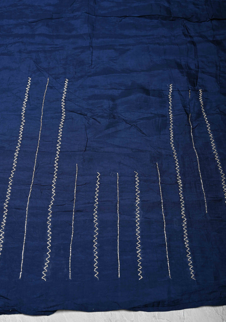 Navy Blue Organza Saree with sequins, cutdana, Moti work Machine Embroidery and Scallop Border