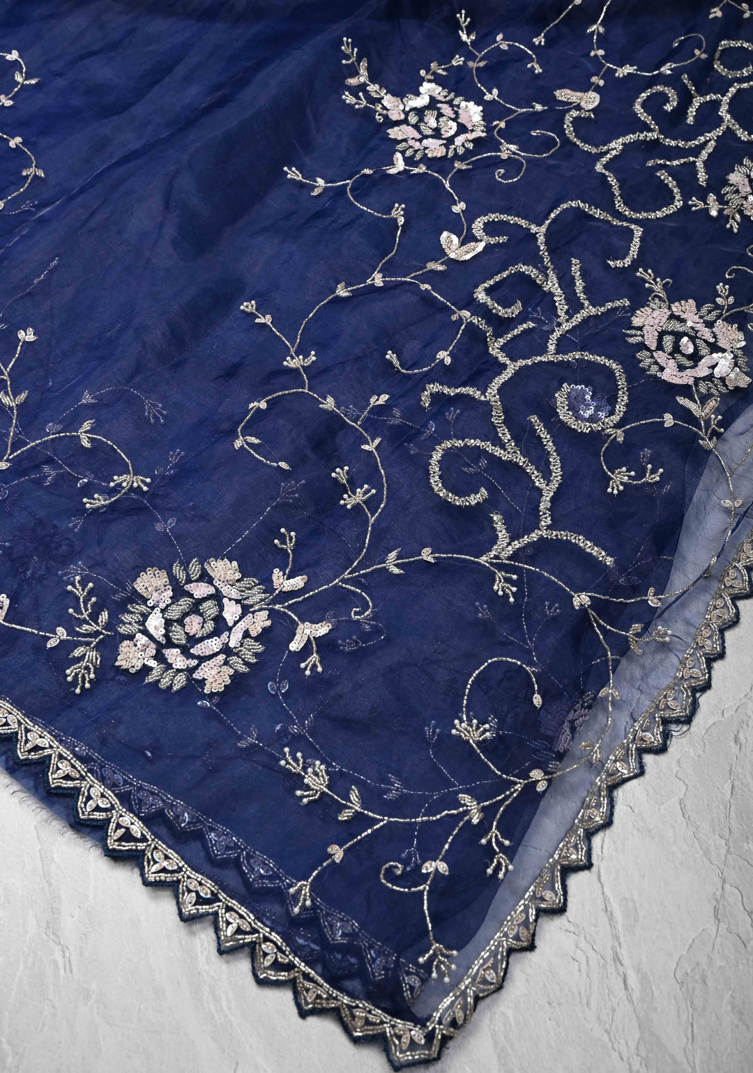 Navy Blue Organza Saree with sequins, cutdana, Moti work Machine Embroidery and Scallop Border